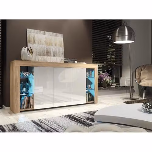 Creative Furniture Eden Sideboard in Oak with White Gloss Doors and Integrated LED Lighting, W: 164 cm, H: 83 cm, D: 35 cm – 6