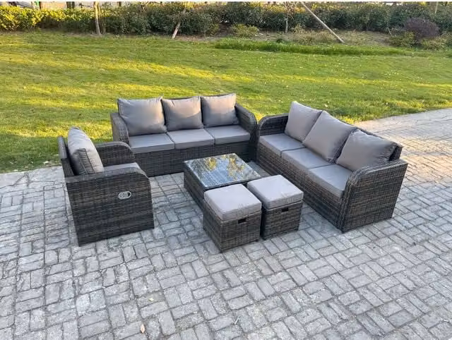 Fimous 9-Seater Grey Rattan Garden Furniture Set with Upholstered Cushions, 3-Seater Sofa, Lounge Armchair, Ottoman and Glass Coffee Table