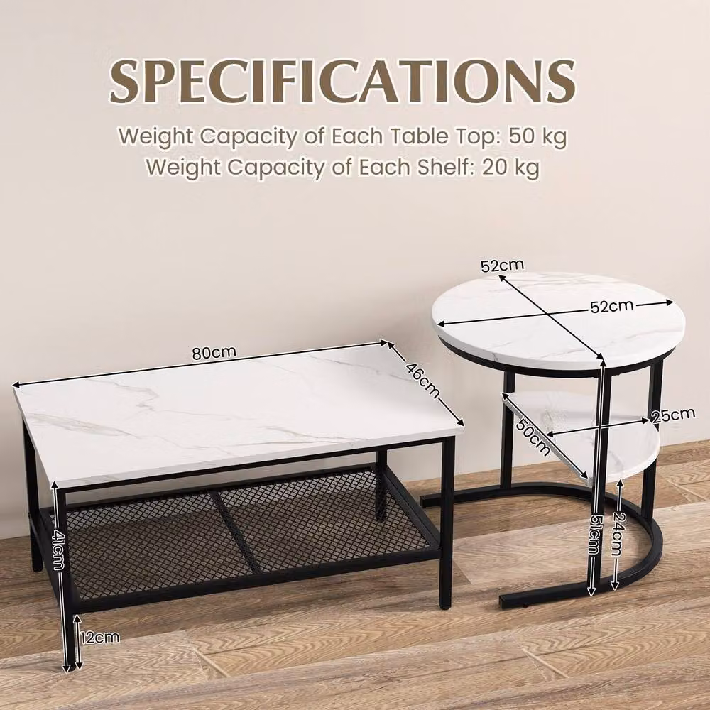 CASART Set of 2 Nesting Coffee and Side Tables with Black Faux Marble Effect Tops – 2