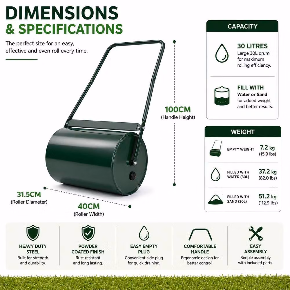 VOGREX Heavy Duty Metal Lawn Roller, Green, 30L Sand or Water Fillable – 2