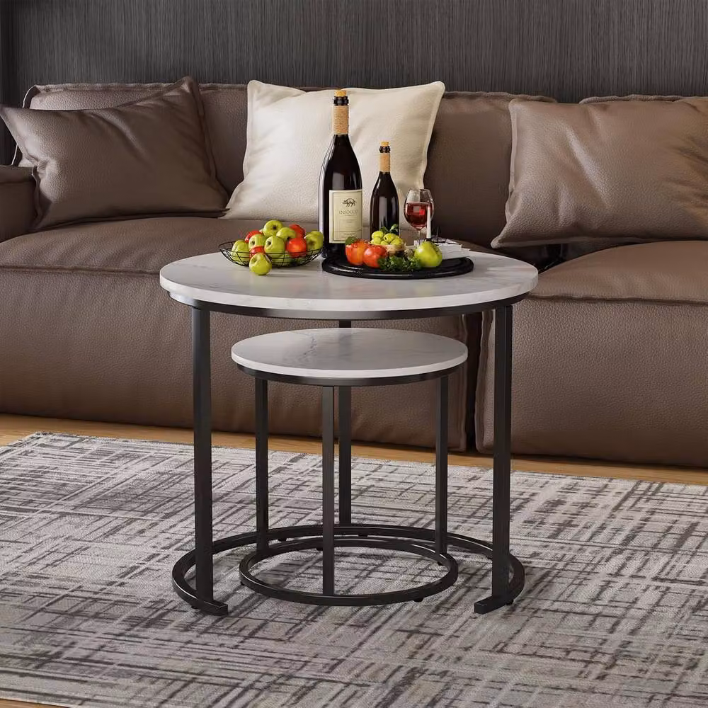 Huhote Set of 2 Round Nesting Coffee Tables with White Marble Finish Tops and Metal Frames – 4