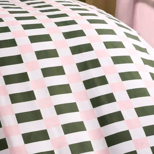 OHS King Size Checkerboard Microfibre Duvet Cover and Pillowcase Set in Green and Pink, W/D/H: 220 x 220 x 180 cm – 4
