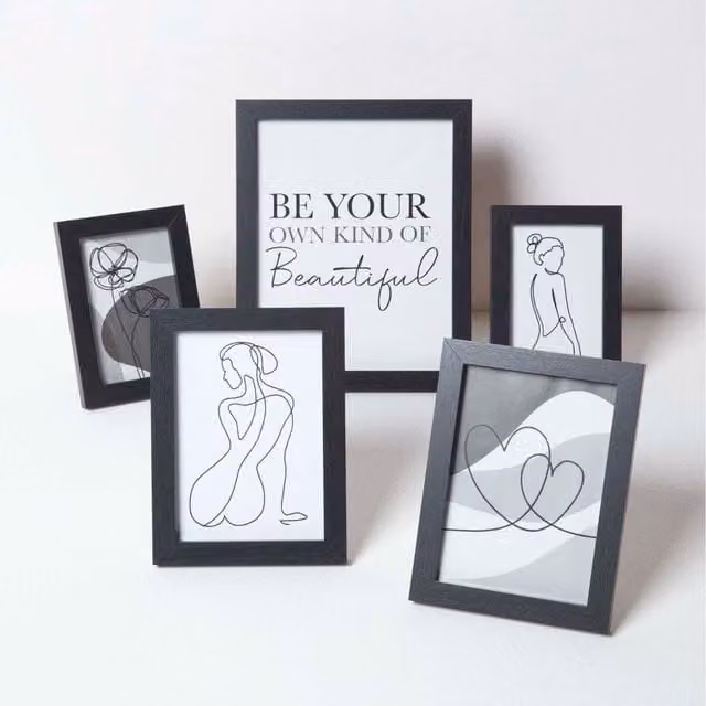 Homescapes Set of 5 Modern Black Silhouette Framed Wall Art with Wood Accents