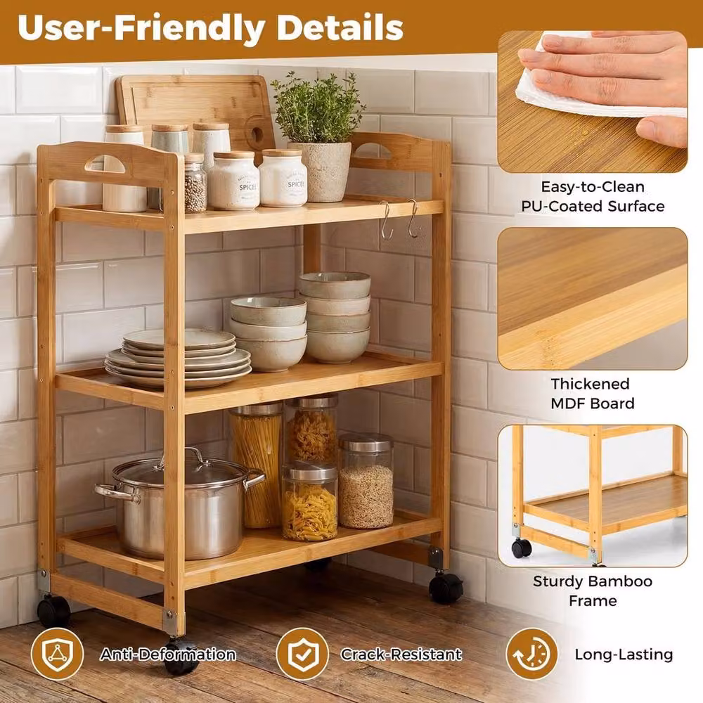 FORGEVIO 3-Tier Bamboo Rolling Utility Storage Cart in Natural – 3