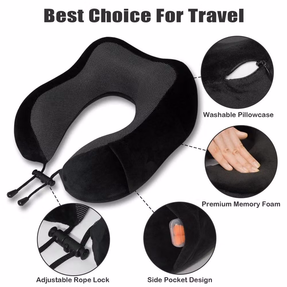 Kelvenix U-Shaped Memory Foam Travel Neck Pillow in Black Velour – 2