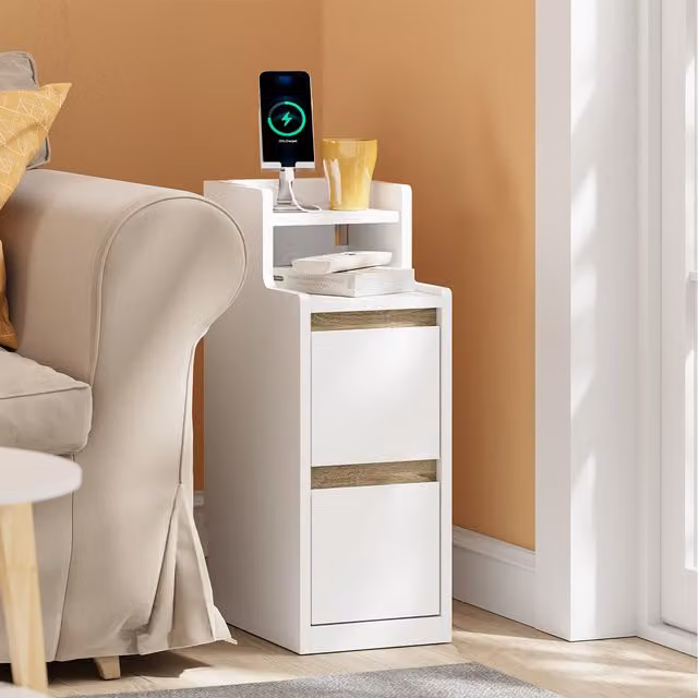 SoBuy Modern White Slim Bedside Table with Integrated Dimmable Lighting and USB Type-C Charging
