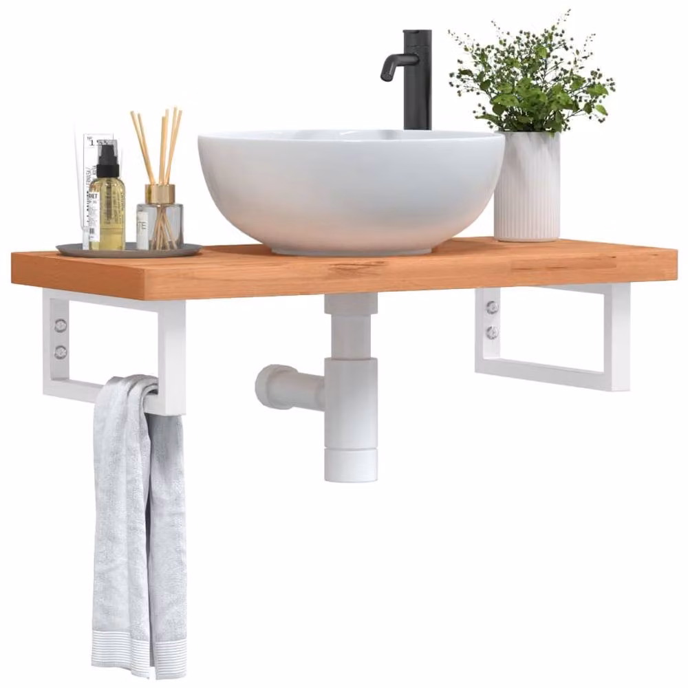 Berkfield Home Elegant Wall Mounted Basin Shelf in Brown Steel and Solid Beech Wood W/D/H: 80 x 40 x 40 cm – 1