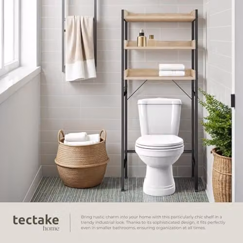 tectake Industrial Style 3-Tier Bathroom Storage Shelf with Adjustable Wooden Shelves and Steel Frame, Light Brown, H x W x D: 165.5 x 67 x 25 cm – 2