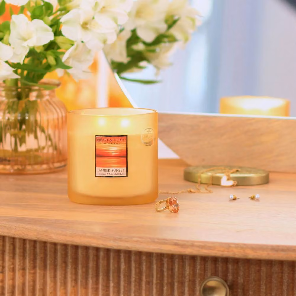 Heart and Home Amber Sunset Twin Wick Soy Wax Candle in White Glass with Orange and Gold Accents – 2