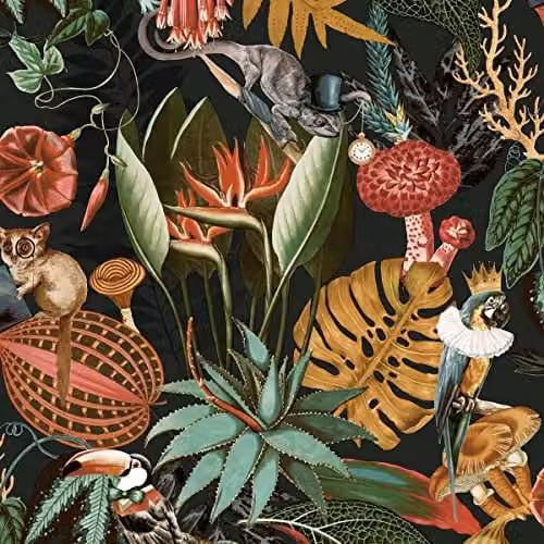 Holden Decor Wonderland Exotic Tropical Animal and Botanical Wallpaper in Black and Multicolour