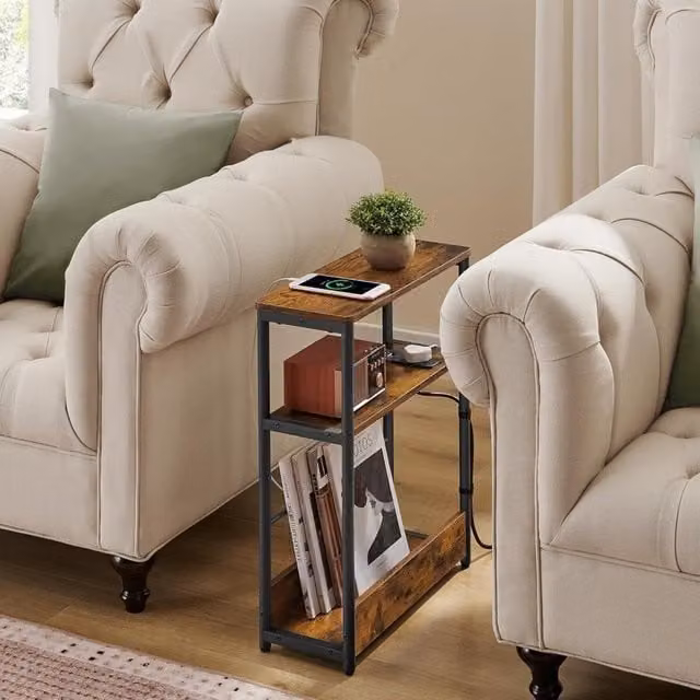 The Bazaarist Slim Nightstand with USB Charging Station and Magazine Rack in Rustic Brown and Ink Black
