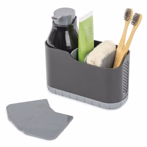 LIVIVO 2-in-1 Sink Caddy and Foam Soap Dispenser with Sponge Compartment and Drainage, Black and White Plastic Organiser – 3