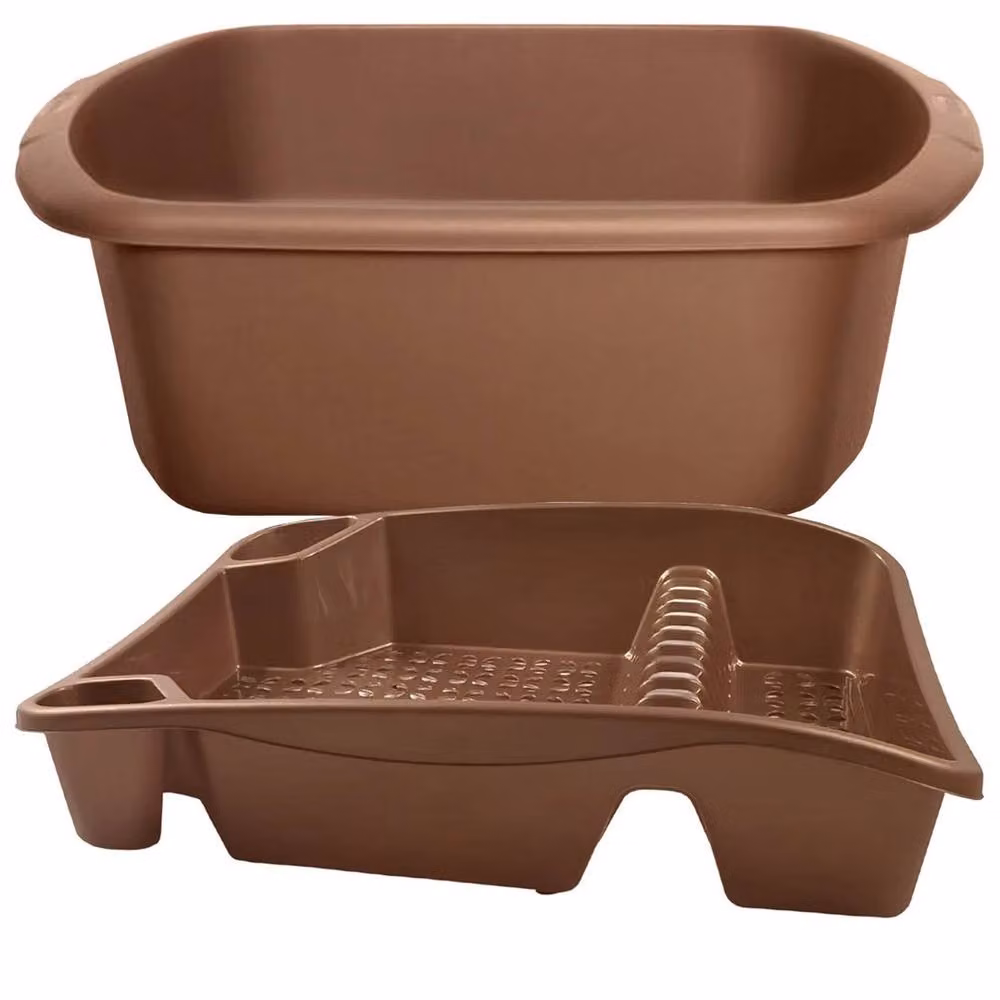 FLAVORA Gold and Brown Dish Drainer and Washing Bowl Set with Cutlery Holder – 2