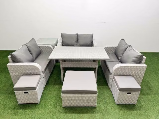 Fimous 9 Seater PE Wicker Rattan Garden Furniture Set in Light Grey with Rectangular Dining Table, 2 Seater Love Sofa and 3 Stools