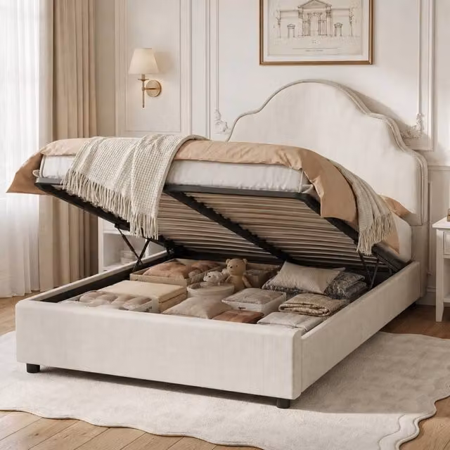 ModernLuxe Kids Single Upholstered Ottoman Bed with Curved Headboard in Beige, W/D/H: 90 x 190 x 150 cm – 1