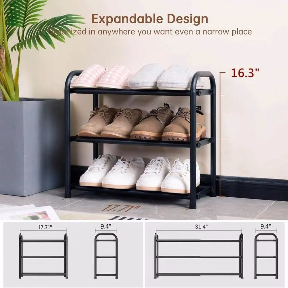 VOGREX Extendable 3-Tier Metal Shoe Rack Organiser in Black, W/D/H: 80.0 x 41.5 x 24.0 cm – 3