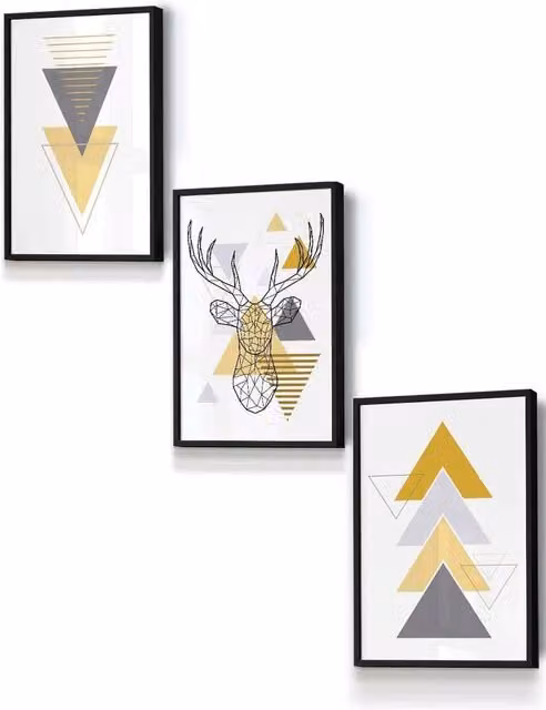 ARTZE Geometric Line Art Yellow Stag Head Framed Wall Art in Black, W: 33 cm, H: 45 cm, D: 2 cm