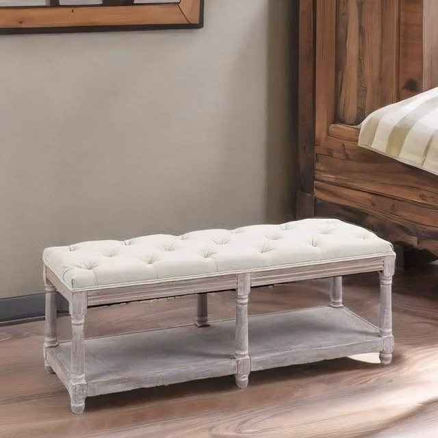 Rafaelo Mobilia Upholstered Wooden Bench Seat with Shoe Rack Shelf in Cream White and Light Brown, W/D/H: 120 x 40 x 48 cm