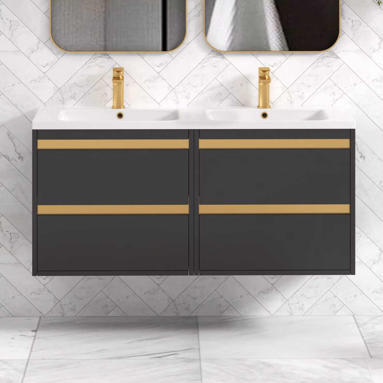 Royal Bathrooms Orion 1200 Matt Obsidian Black 4 Drawer Wall Hung Vanity Unit with Ceramic Basin and Brushed Brass Accent Trim