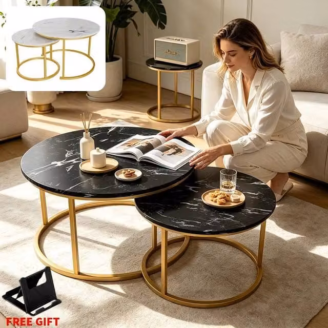 FORGEVIO Black Marble Nesting Coffee Table Set with Gold and White Accents