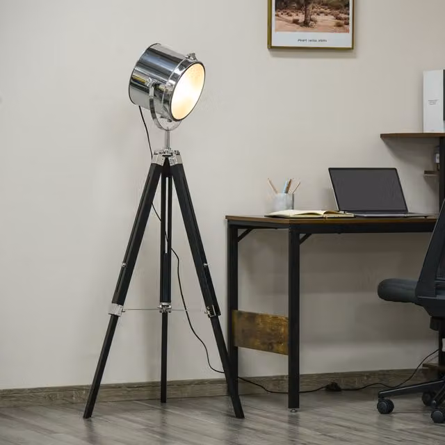 HOMCOM Industrial Tripod Floor Lamp in Silver Metal with E27 Cylinder Shade