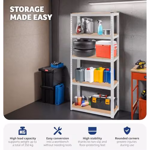 tectake 5-Tier Heavy-Duty Shelving Unit with Galvanised Steel Frame and Adjustable MDF Shelves, W/D/H: 180 x 75 x 30 cm – 4