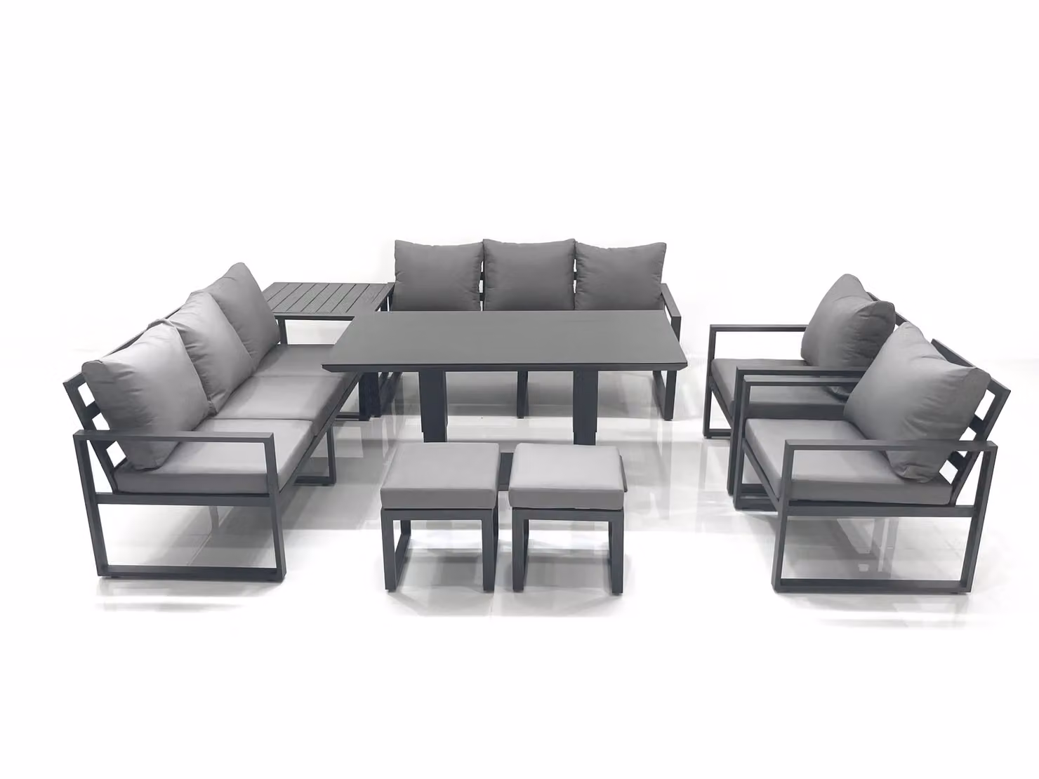 Fimous Garden Sofa Set in Dark Grey, featuring a Height Adjustable Aluminium Dining Table, 2 Chairs, 2 Small Footstools and a Side Table – 2