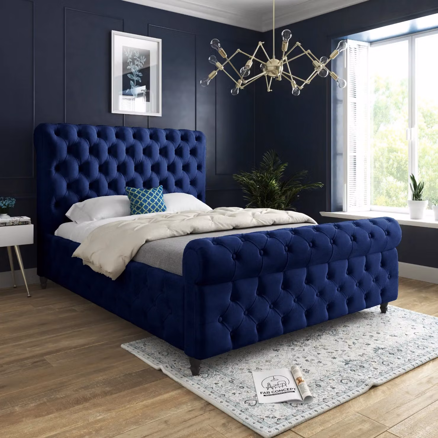 KDMD Nestling Sleigh Upholstered Soft Velvet Designer Bed Frame in Blue, Super King, W: 200 cm, D: 189 cm, H: 119 cm – 2