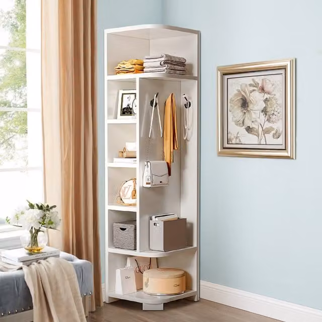 Komore Modern White Corner Storage Rack with Hooks, W/D/H: 40 x 40 x 180 cm
