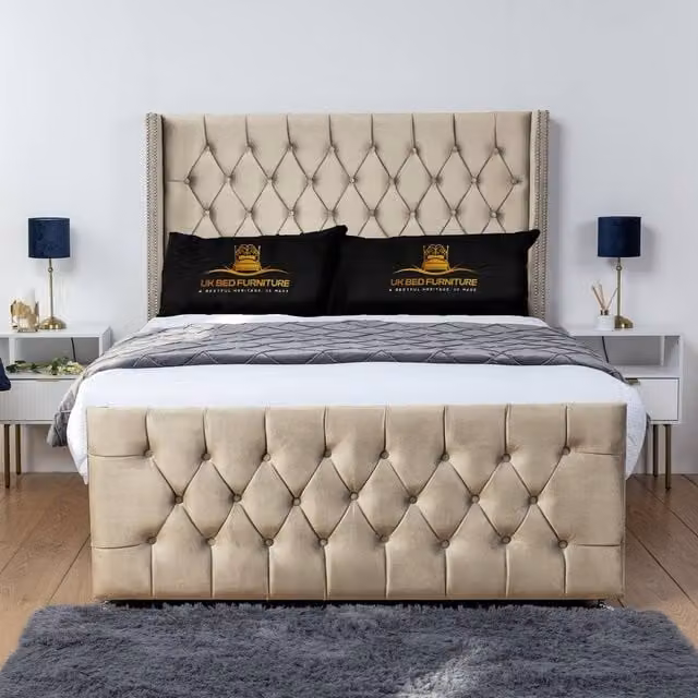 UK Bed Furniture Emily Wingback Divan Bed with 54 Inch Diamond Headboard in Cream, Super King, W/D/H: 200 x 200 cm