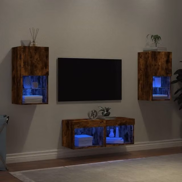 Berkfield Home 4 Piece Smoked Oak TV Wall Cabinets with Integrated LED Lighting in Brown