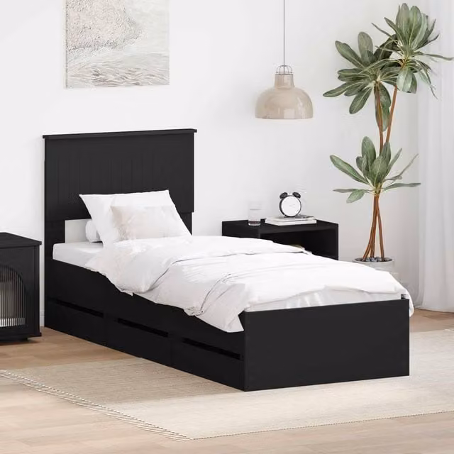 Berkfield Home Modern Bed Frame with Drawer in Black, Engineered Wood, W: 75 cm, L: 190 cm