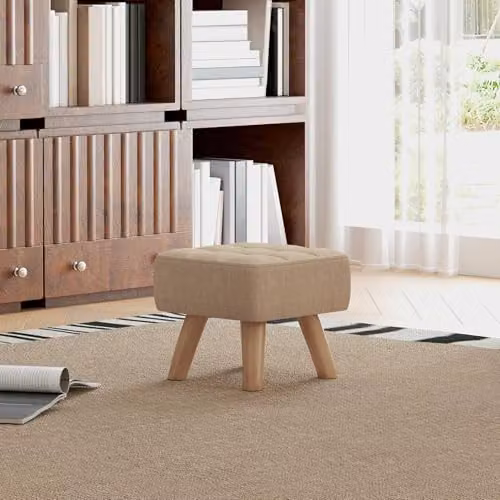 HOMCOM Modern Fabric Cube Footstool with Rubberwood Legs in Beige and Brown, W/D/H: 27 x 26 x 27 cm – 2