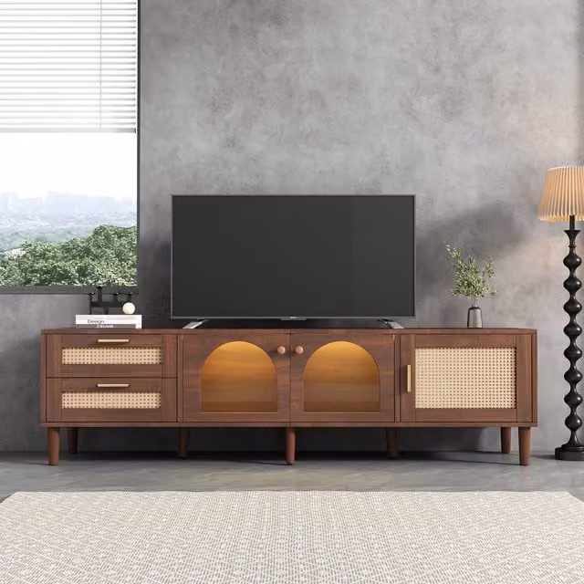 Aosom.UK Brown Wooden TV Stand for 80-Inch TVs with Curved Rattan Drawers, Glass Doors and LED Lighting, W/D/H: 180 x 40 x 50 cm