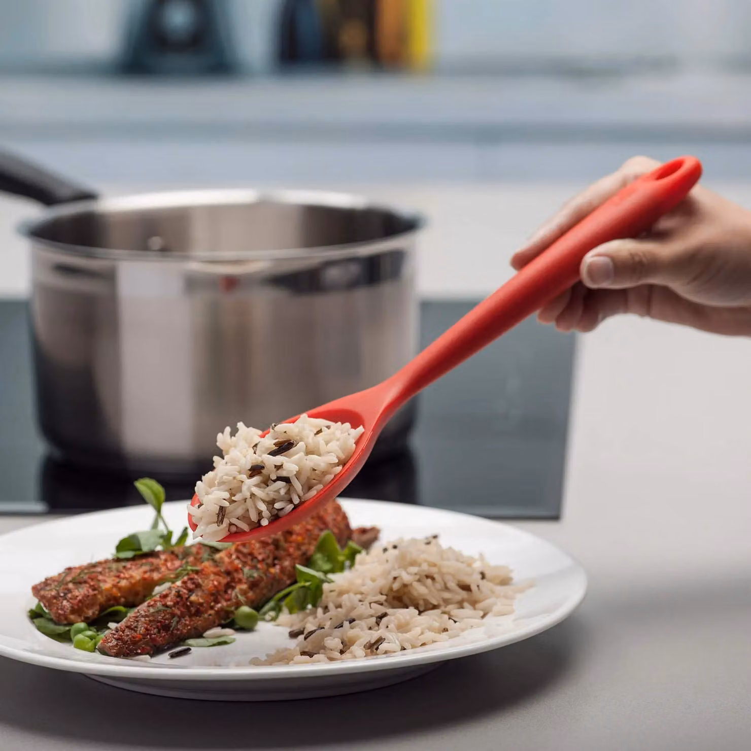 Zeal Red Silicone Non-Scratch Oval Cooking Spoon, 28 cm – 2