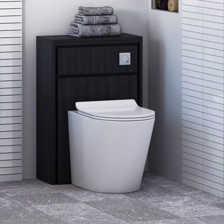 Livora Black Woodgrain Wall Mounted WC Unit with Cesar Rimless Ceramic Toilet Pan, Slim Soft Close Seat and Cistern, Width: 55.5 cm