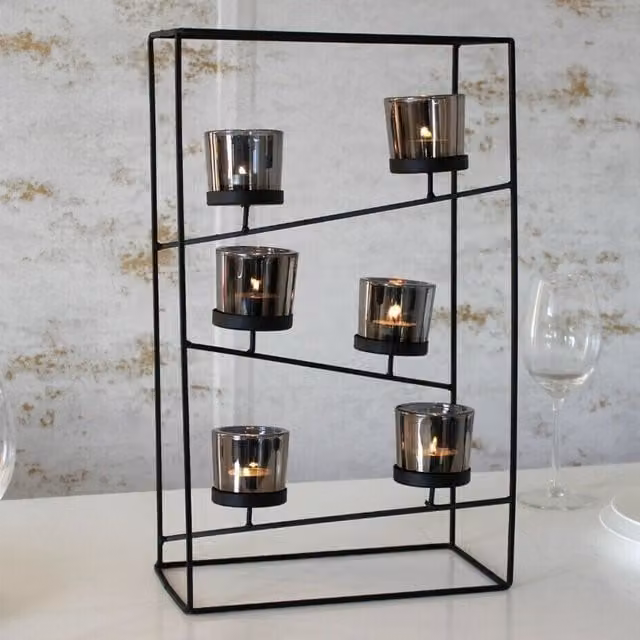 Marco Paul Modern Rectangular Glass Tealight Candle Holder with Metal Frame in Black
