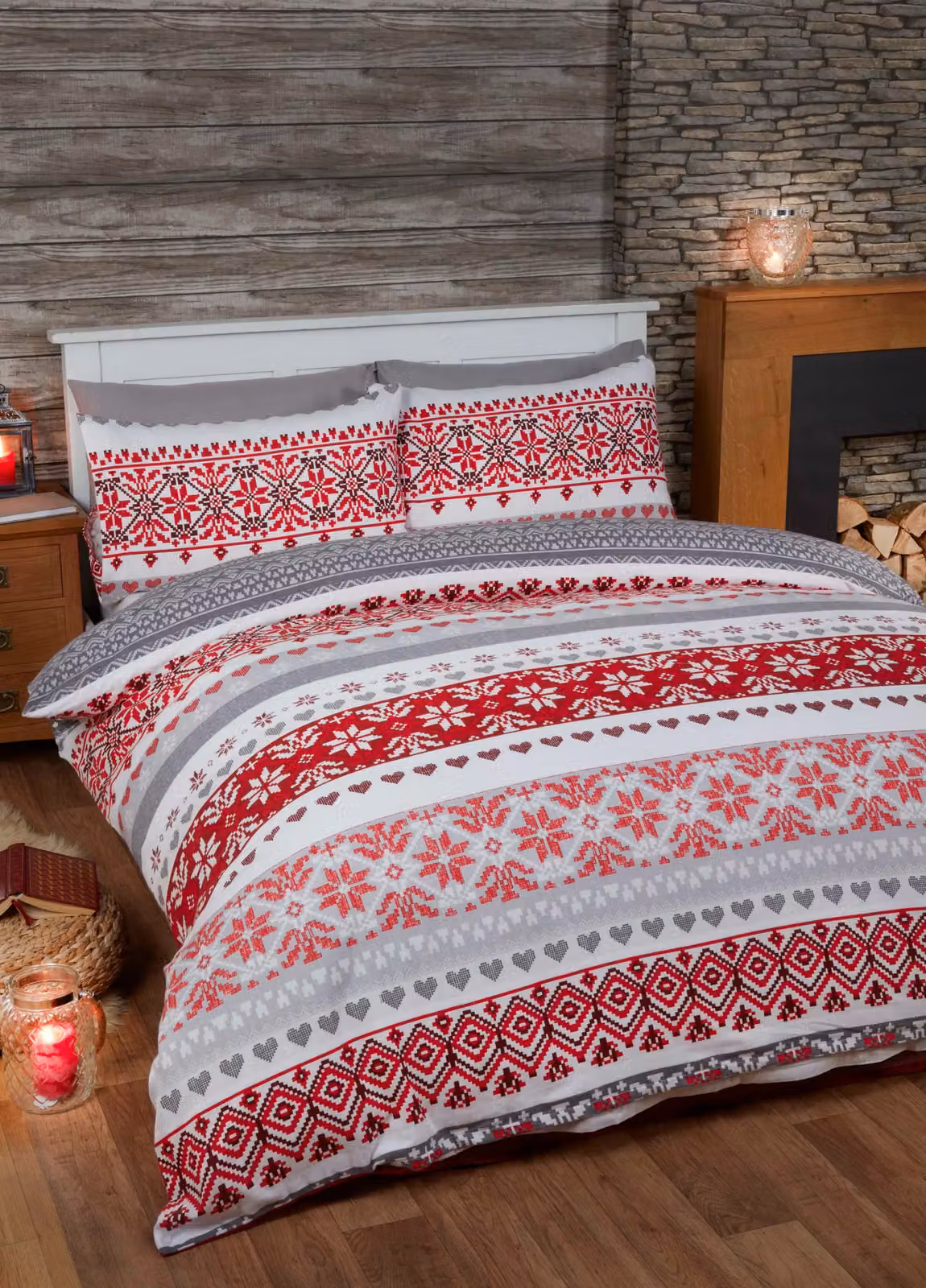 Rapport Home Fairisle Red Flannelette Cotton Double Bedding Set with Fitted Sheet, Flat Sheet and Pillowcase – 2