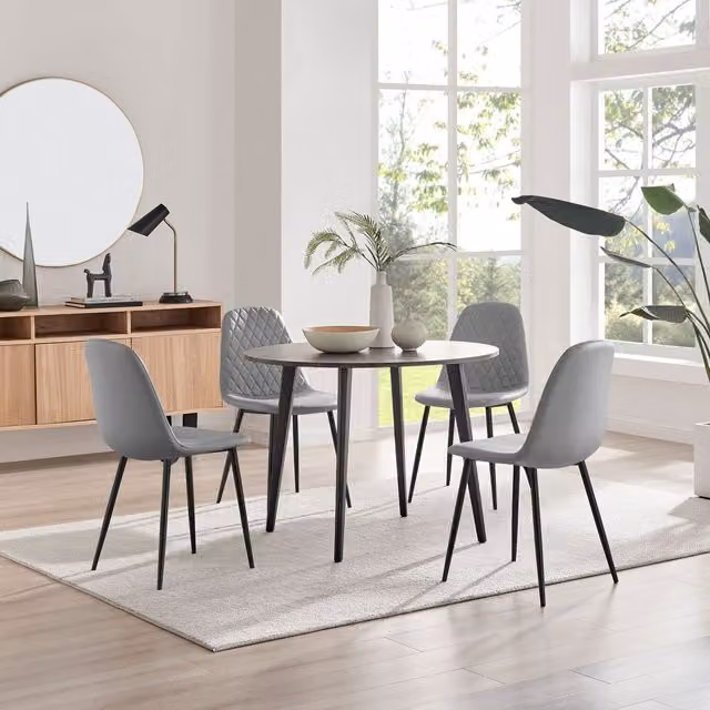 FurnitureboxUK Koko Walnut Effect Round Dining Table and 4 Corona Black Leg Chairs in Grey