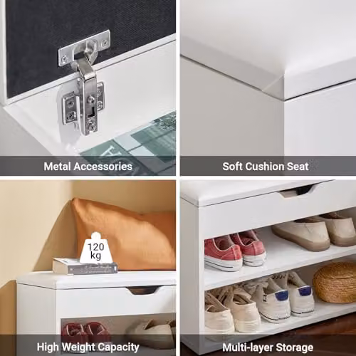 SoBuy Shoe Storage Bench with Padded Seat and 2-Tier Shoe Rack, White, W/D/H: 60 x 30 x 48 cm – 5