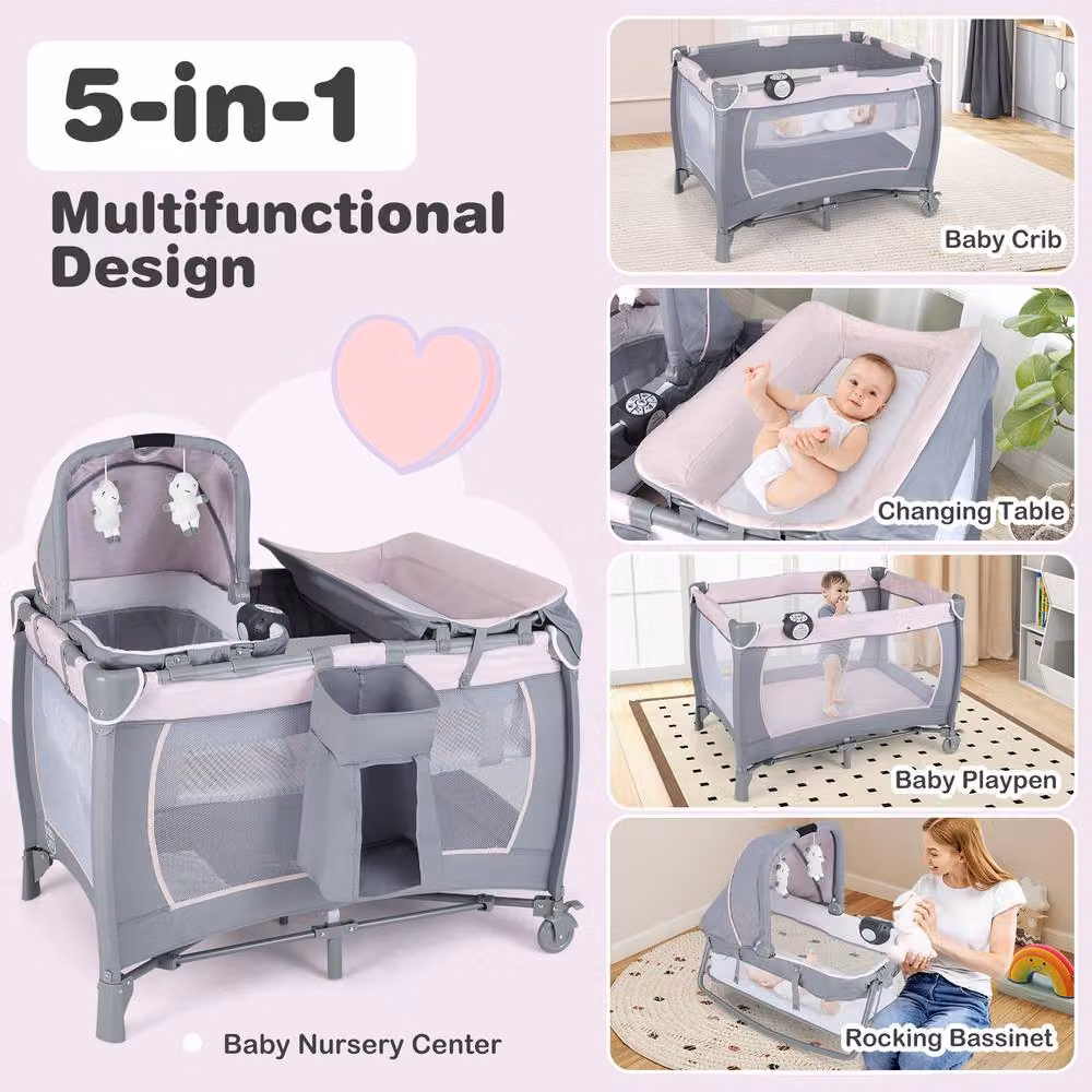 Costway Foldable Pack and Play Portable Baby Playard with Rocking Bassinet and Music Box in Pink – 2