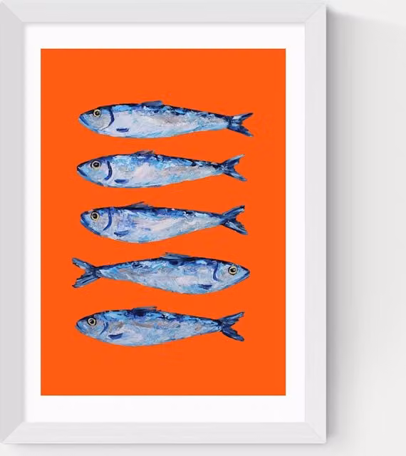 East End Prints Sardines Orange Framed Animal Illustration Art Print in White