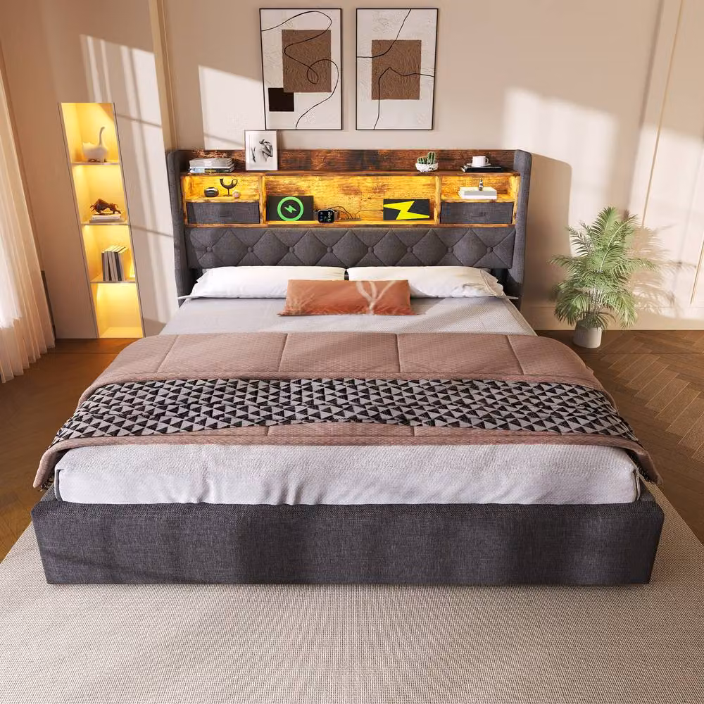 Merax Grey Upholstered Double Storage Bed with LED Headboard and USB Charging Port W/D/H: 135 x 190 x 116 cm – 8