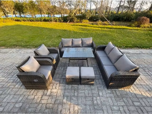 Fimous 10-Seater Dark Grey Rattan Outdoor Sofa and Dining Set with Galvanised Steel Frame