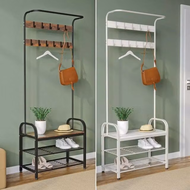 EONLION Modern Hall Tree with Shoe Bench and Coat Hooks in Brown – 1