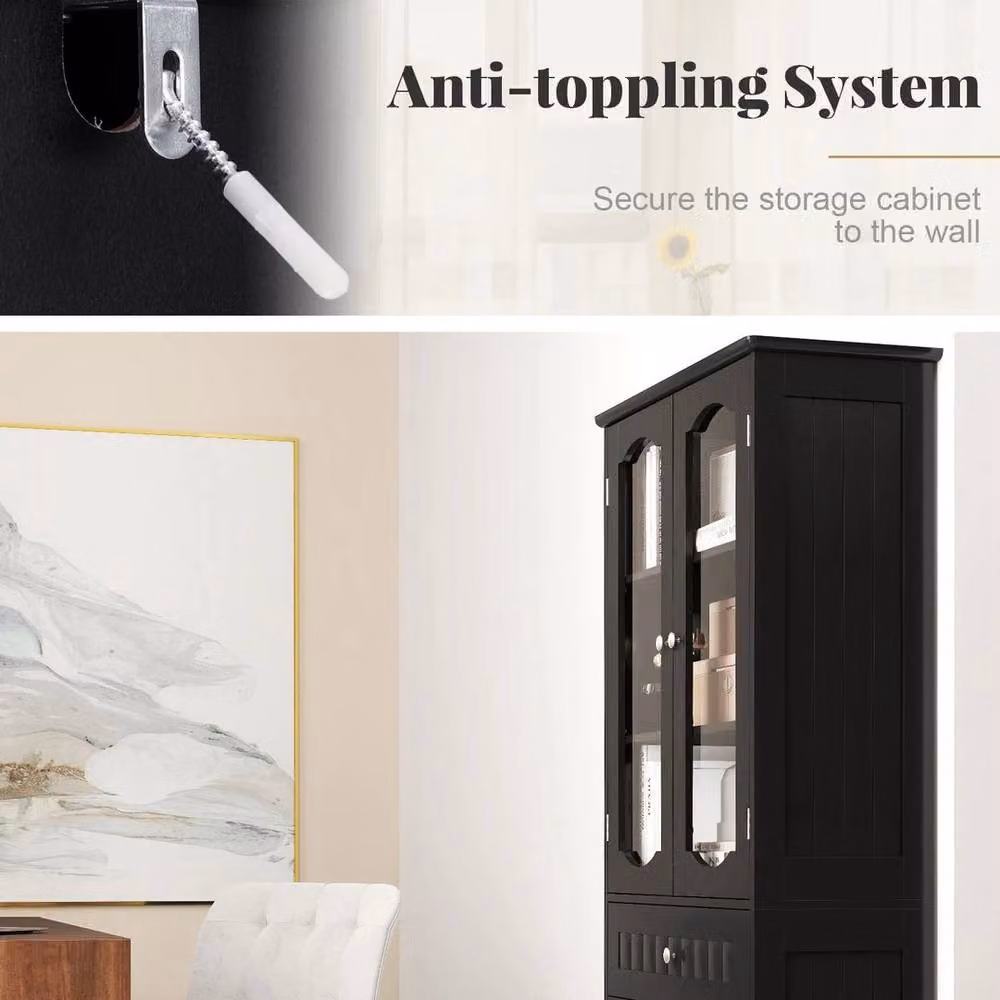 EONLION Modern Black Matt Freestanding Bathroom Storage Cabinet with Glass Doors, Height: 160 cm, Width: 60 cm – 3