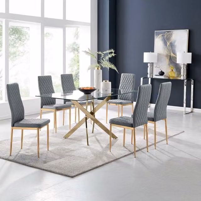 FurnitureboxUK Leonardo Gold Dining Set with Rectangular Glass Table and Six Grey Milan Chairs