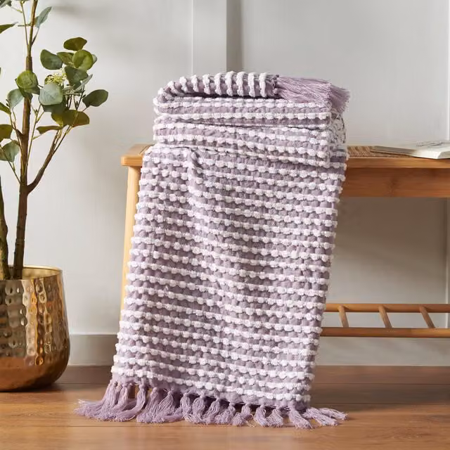 Catherine Lansfield Quilted Stab Stitch Boho Throw with Fringes, Purple and Pink, W: 125 cm, D: 150 cm