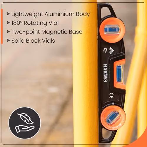Hardys Torpedo Spirit Level, Black Aluminium Magnetic Level with 3 Vials – 8