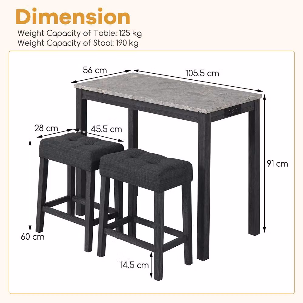 Costway Faux Marble Bar Table Set with Charging Station and 2 Padded Stools in Grey – 7